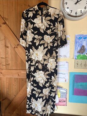 Black Floral Midi Dress with Cream Blooms